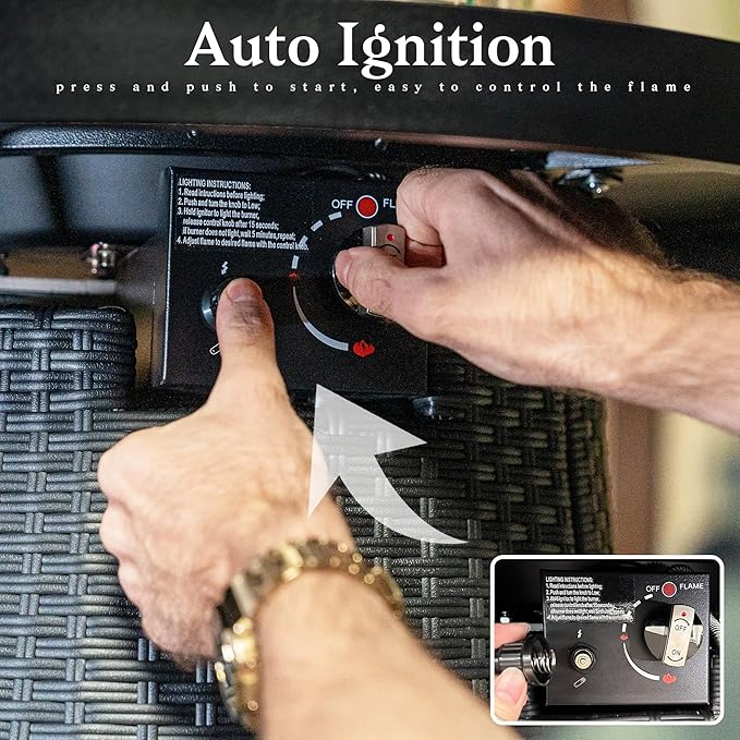 PIZZELLO 3-Piece Patio Swivel Bar Set with 37" Height Propane Round Firepit Table and High Swivel Stools Chair Set of 2, Outdoor High Top Bistro Set for Poolside, Garden, Balcony(Black)