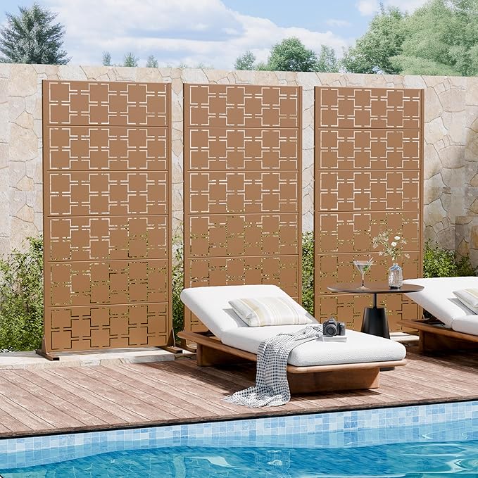 Casaphoria Metal Privacy Screen Outdoor, 60" H x 30" W Freestanding Decorative Privacy Screen for Patio Deck Balcony Garden with Stable Base, Brown-Square