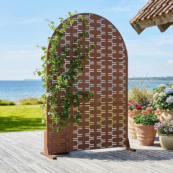 Casaphoria Metal Arched Privacy Screen Outdoor, 72" H x 47" W Freestanding Decorative Privacy Screen for Patio Deck Balcony Garden with Stable Base, Brown-Brick