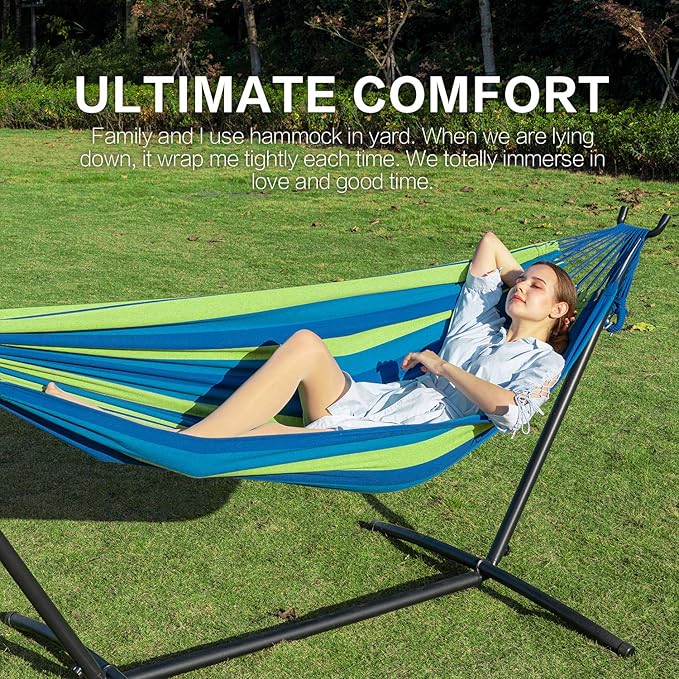 PNAEUT Double Hammocks with Stand for Outside, Portable Space Saving Heavy-Duty Steel Stand for Indoor Outdoor Patio with Sidebag, 450 lbs Capacity (Blue)