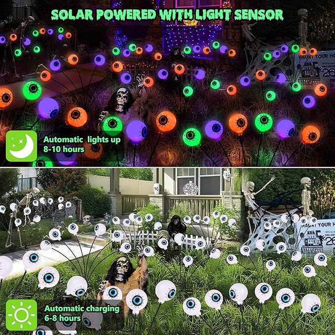 BrizLabs 6 Pack 36 LED Halloween Solar Eyeball Lights, 2 Modes Outdoor Halloween Pathway Lights, Solar Spooky Path Light Waterproof, Swaying Firefly Light for Yard Garden Lawn, Orange & Purple & Green