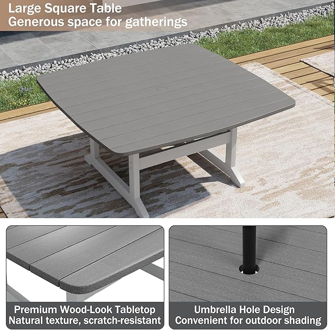 9-Piece Patio Dining Table Set, HDPE Outdoor Table and Chairs Set, All-Weather Outdoor Dining Set for 8 with Umbrella Hole, Durable Patio Furniture Set with Chairs,White Grey