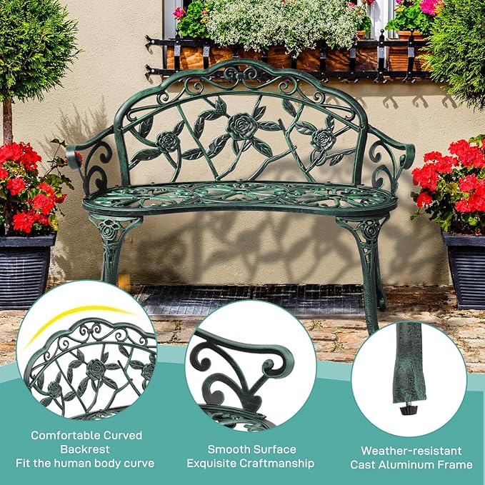 VINGLI 38.5" Patio Park Garden Outdoor Metal Rose Bench, 2-Person Cast Iron Cast Aluminium Frame Antique Finish Chair,Accented Lawn Front Porch Path Yard Decor Deck Furniture (Green, Rose)