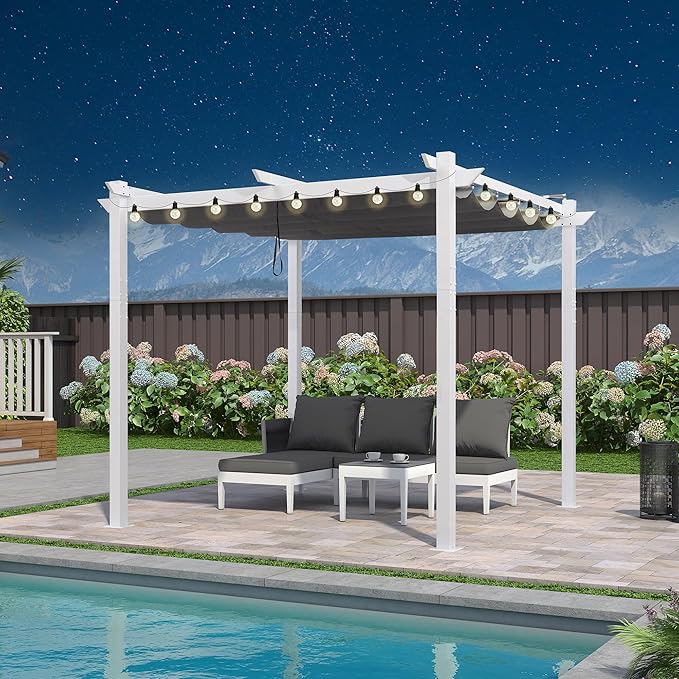 PURPLE LEAF 10' x 10' Outdoor Aluminum Pergola White Heavy-Duty Retractable Pergola with Light Patio Metal with Double Sun Shade Canopy for Backyard Gardens Deck, Grey