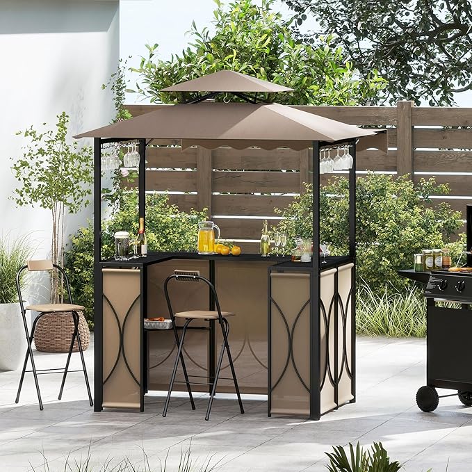 Tangkula 3 Piece Patio Bar Set, Grill Gazebo & 2 Foldable Bar Stools with Awning, Metal Storage Shelves, Glass Holders, Double-Tier Outdoor Shelter for Patio Poolside Garden Backyard (Coffee)