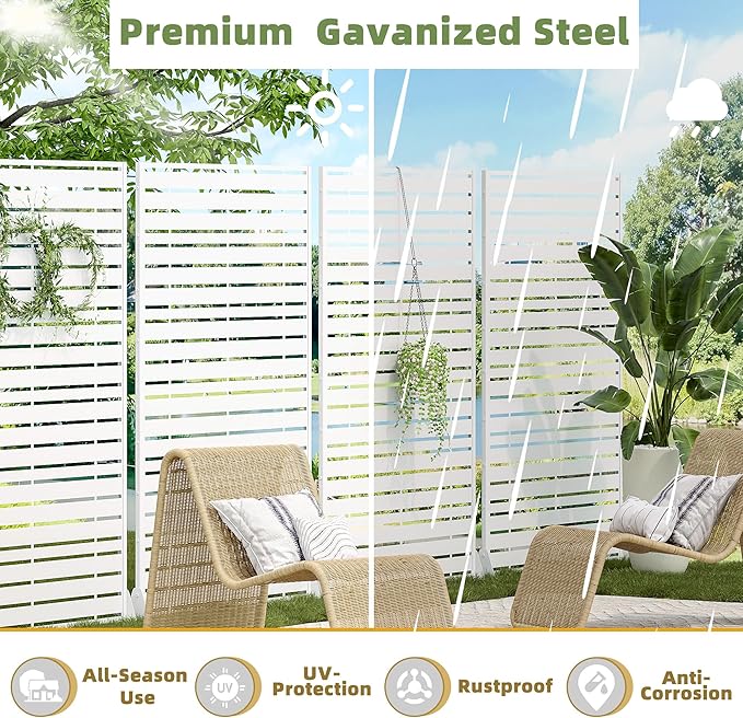 Casaphoria 72" H x 47" W Metal Privacy Screen, Outdoor Freestanding Decorative Divider for Patio, Deck, Balcony, and Garden with Stable Base, White-Adams