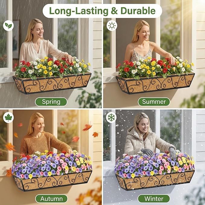 Y&M 30 Inch Butterfly Window Deck with Coco Liner, Fence Metal Hanging Flower Planter Window Basket Deck Railing Planter Boxes for Outdoor Garden Lawn 4pcs
