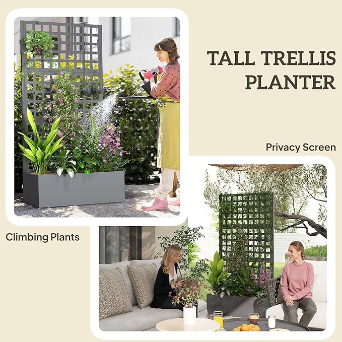 Outsunny Galvanized Raised Garden Bed with Trellis, Metal Planter Box with Drainage Holes, Outdoor Privacy Screen for Climbing Plants, Vegetable, Vines, 35" x 16" x 70", Gray Wood Effect