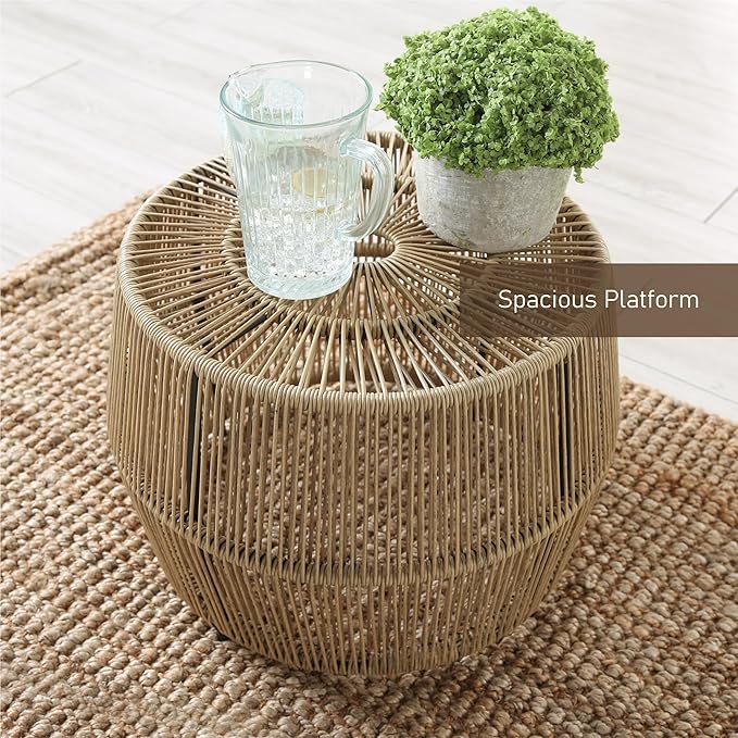 Furniture of America Ysar Boho Rattan Round Coffee Table Outdoor with Metal Frame, All-Weather and Rust Resistant, Handcrafted Coastal Furniture for Patio, Poolside, Garden, Yard, Natural Brown