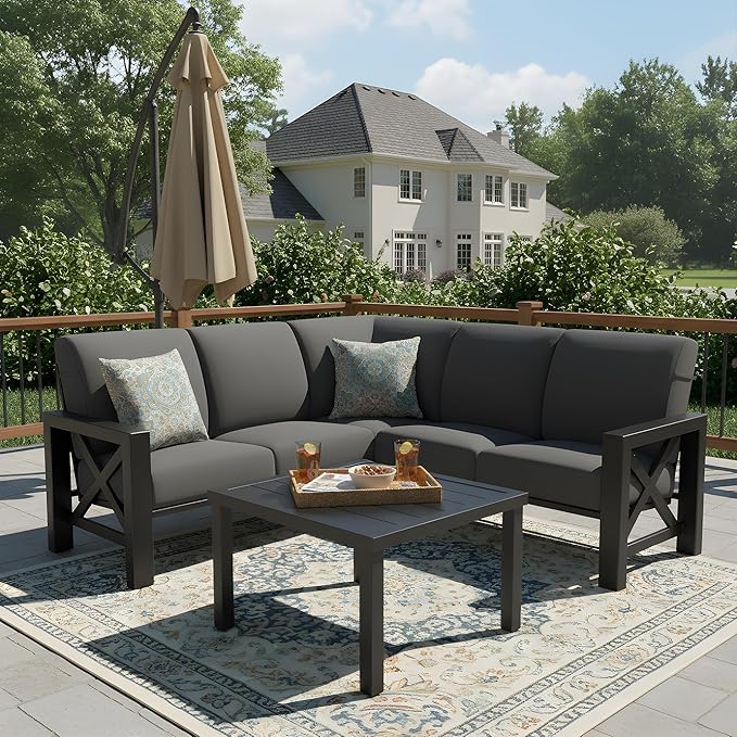 NATURAL EXPRESSIONS 6 Pieces Patio Furniture Sets, Metal Outdoor Sectional Furniture L Shape Patio Conversation Sets,Highback Frame,Metal Table,Large Waterproof Cover, 6.5" Olefin Cushions,Dark Grey