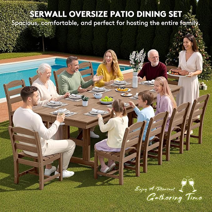 SERWALL 11 Piece Outdoor Dining Set, 84" HDPE Outdoor Large Dining Table and Chairs Set for 10，All Weather Patio Dining Furniture Set with Umbrella Hole for Backyard, Garden, Brown