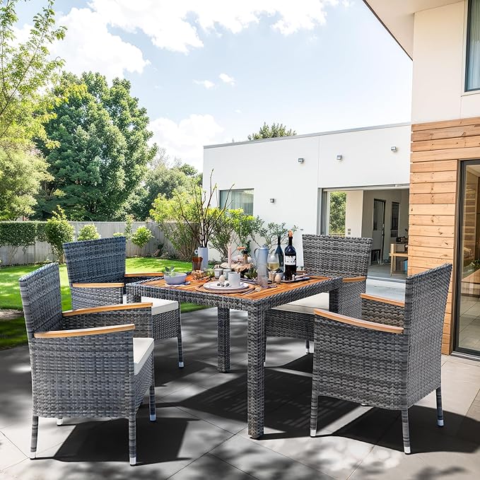 Shintenchi 5 Piece Patio Dining Set, Wicker Patio Conversation Set with Wooden Table Top, Outdoor Table and Chairs with Soft Cushions for Backyard, Deck and Garden, Grey Wicker