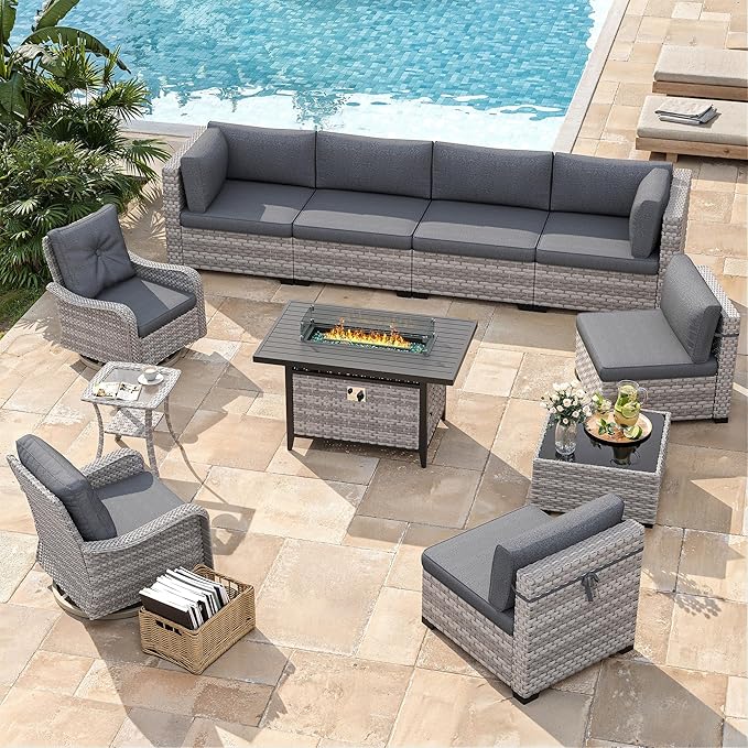 8-Seat Outdoor Wicker Patio Furniture Set with Fire Pit Table, Modular Rattan Sectional Sofa & 2 Swivel Rocking Chairs, 4" Thick Cushions, Rust-Resistant Frame,Black