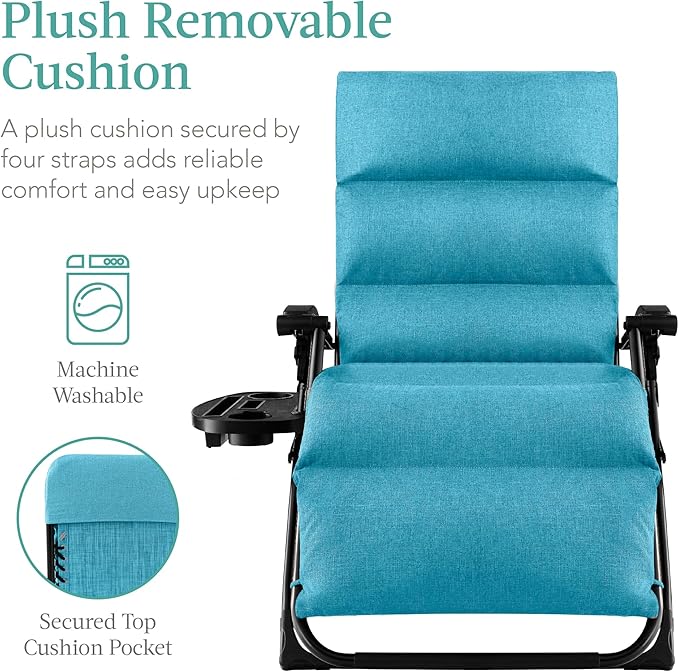 Best Choice Products Oversized Zero Gravity Chair, Folding Outdoor Patio Recliner, XL Anti Gravity Lounger w/Removable Cushion, Cup Holder, Side Tray, 350lb Capacity - Light Blue