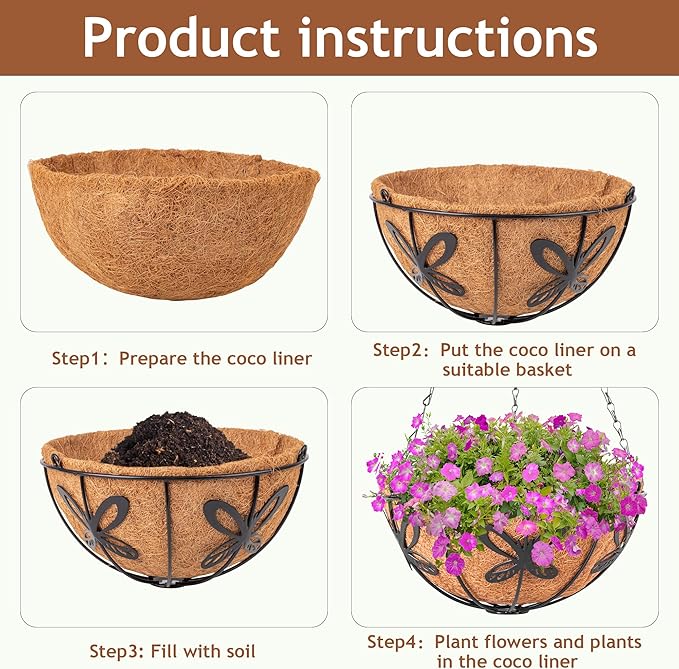 Hanging Baskets Planter for Plants, 2 Pack 14 Inch Round Metal Wire Hanging Flower Pots with Coco Coir Liner Chain, Plant Holder for Home Garden Balcony Decor