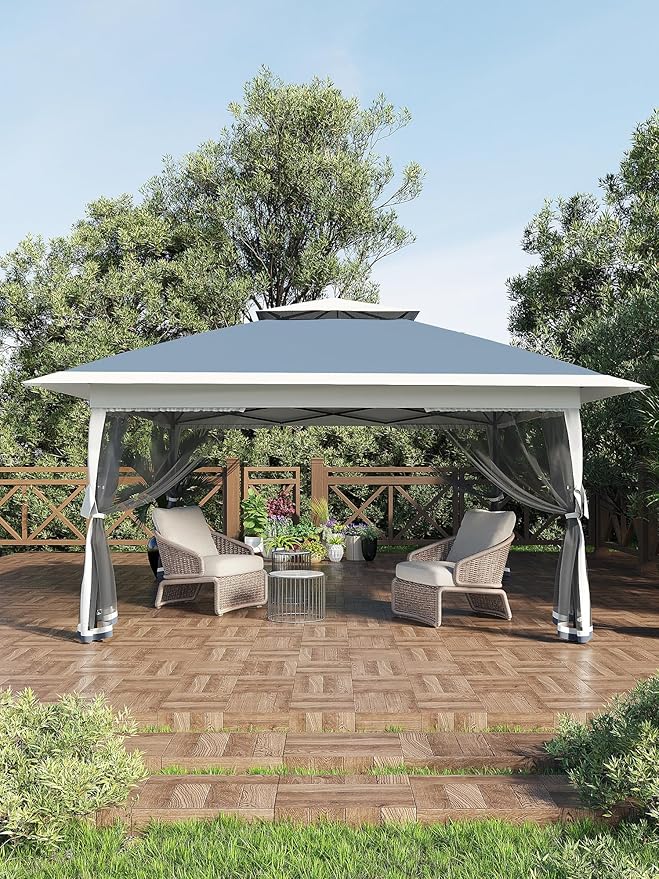 13 X 13FT Pop Up Gazebo, Canopy Tent, Gazebos on Clearance,Patio Folding Canopy with Mosquito Netting - Backyard Tent for Party, Wedding, Outdoor Dining, Patio, Backyard(Navy Blue+Hemp Grey)