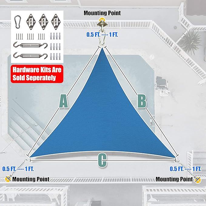 Amgo 14' x 14' x 14' Blue Triangle Sun Shade Sail Outdoor Canopy Awning UPF50+ AGTAPRT12, 95% UV Blockage, Water & Air Permeable, Commercial Standard Heavy Duty (We Make Custom Size)