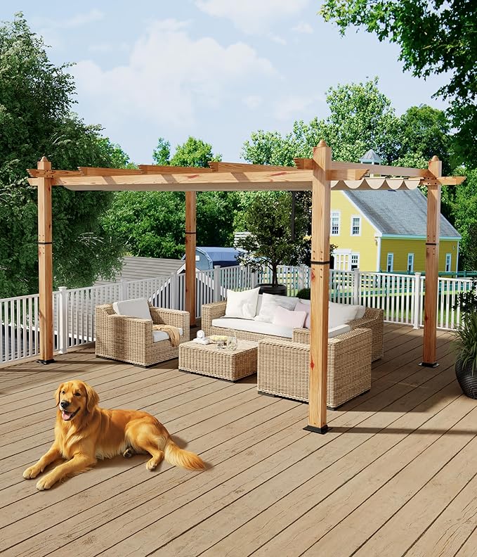 GarveeLife 10 x 13 ft Wood-Grain Outdoor Pergola with Retractable Canopy Sun Shade Shelter for Garden Patio Backyard Deck - Khaki