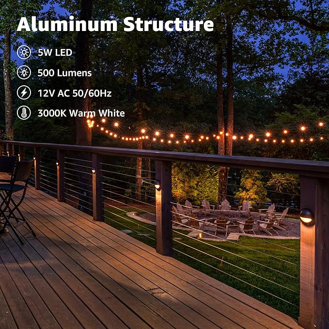 SUNVIE 12 Pack Low Voltage Deck Lights 5W LED Landscape Step Stair Lights Outdoor with Fastlock2 Wire Connector 3000K 12-24V Accent Lighting for Garden Post Fence 3.2FT ETL Listed Cord