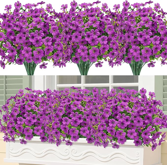 Bassion Artificial Flowers for Outdoors, 24 Bundles UV Resistant Fake Flowers Realistic Silk Faux Plants for Outdoor Planter Window Box Porch Patio Garden Home Outside Decorations