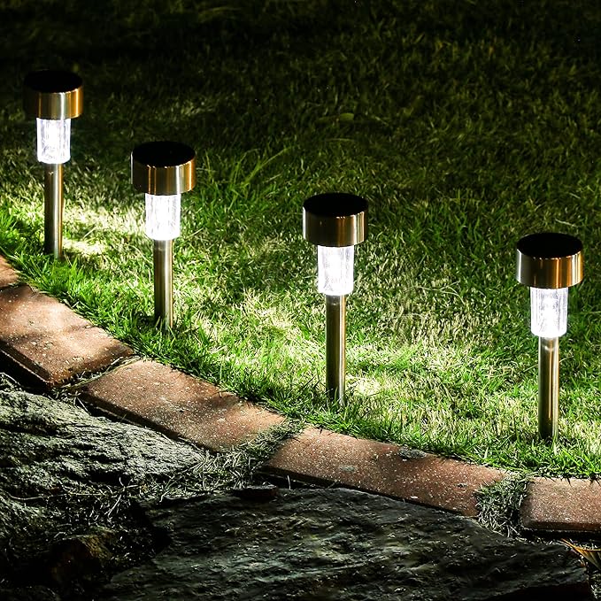 GIGALUMI 16 Pack Solar Lights Outdoor Waterproof,Stainless Steel LED Solar Garden Lights for Patio, Lawn, Yard and Landscape(Cold White)