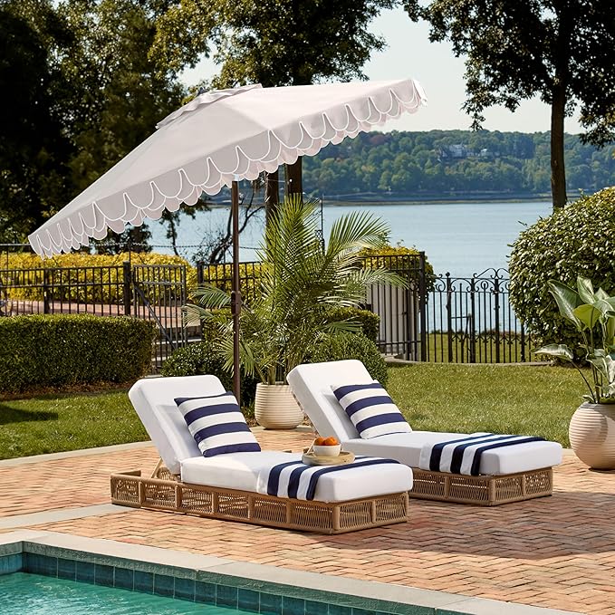 SAFAVIEH 9ft Outdoor Patio Umbrella, Round, Valance, Beige & White Trim, Auto Crank Tilt, UV Resistant for Deck, Backyard, Poolside (PAT8006C)