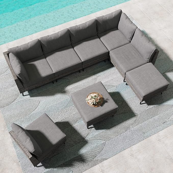 LAUSAINT HOME 8 Piece Outdoor Sectional Sofa PE Rattan Patio Conversation Sets, All Weather Patio Furniture Set with Thick Cushions for Garden, Poolside, Backyard (Grey)