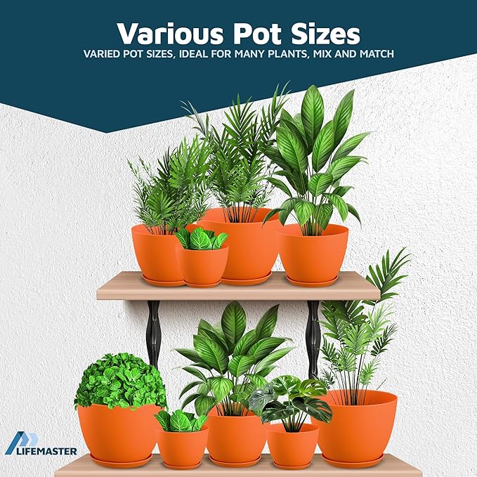 Yellow Plant Pots with Drainage Holes & Saucers 10 Pack, Indoor & Outdoor Stackable Space-Saving Planters for Houseplants & Flowers, (7", 6.7", 6", 5.3", and 4.8" Inches), Durable & Weatherproof