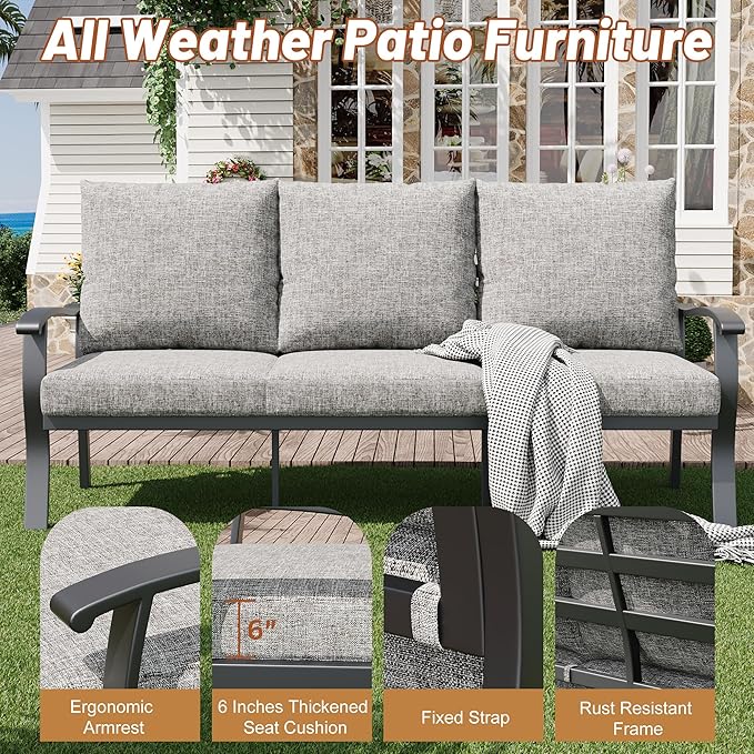 HOMREST Outdoor Couch Aluminum Patio Furniture Sofa, 3-Seat All-Weather Metal Outdoor Patio Furniture with Cushions, Grey