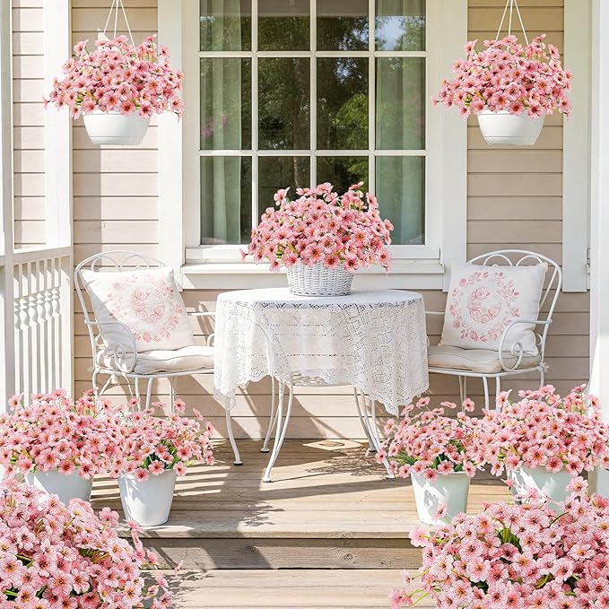 MACTING Artificial Flowers for Outdoors 6 Bundles UV Resistant Fake Flowers No Fade Faux Plastic Flowers for Hanging Planters Window Patio Porch Yard Garden Indoor Outside Spring Decoration,Pink
