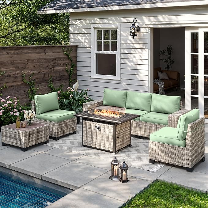 7-Piece Outdoor Patio Furniture Set with 55,000 BTU Fire Pit Table, PE Wicker Rattan Sectional Sofa Patio Conversation Set with Thickened Cushions & Coffee Table, Light Green