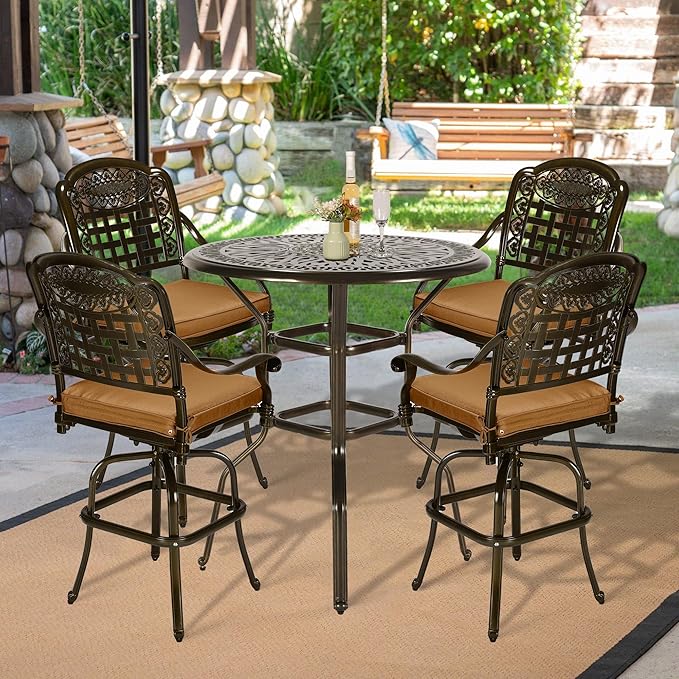 VIVIJASON 5-Piece Patio Swivel Bar Stools Set, All Weather Outdoor Cast Aluminum Bar Height Bistro Set with 4 Cushioned Bar Chairs & 35.4" High Bar Table w/Umbrella Hole for Backyard, Lawn, Garden