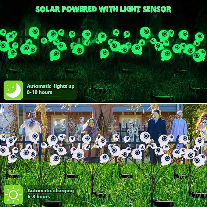 BrizLabs Solar Halloween Lights, 2 Pack 12 LED 2 Modes Halloween Eyeball Lights, Outdoor Pathway Light, Swaying Eye Firefly Walkway Lighting, Green Solar Lighting for Path Yard Garden Lawn