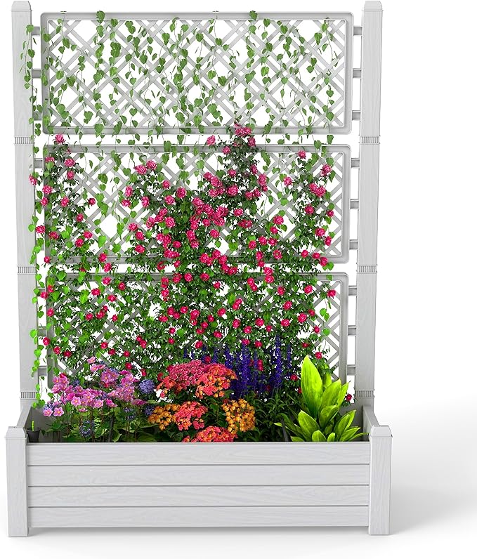 EasyUp Raised Garden Bed with Trellis for Climbing Plants, Outdoor Herb Planter Box with Drainage Plug & Water Gauge, Durable Resin for Patio, Balcony, Yard, Dust-Proof Garden Planter