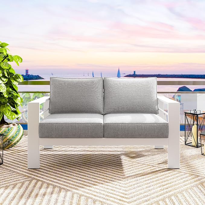 Solaste Outdoor Loveseat Aluminum Patio Furniture Sofa, All-Weather Metal Outdoor Couch with Cushions,Light Grey