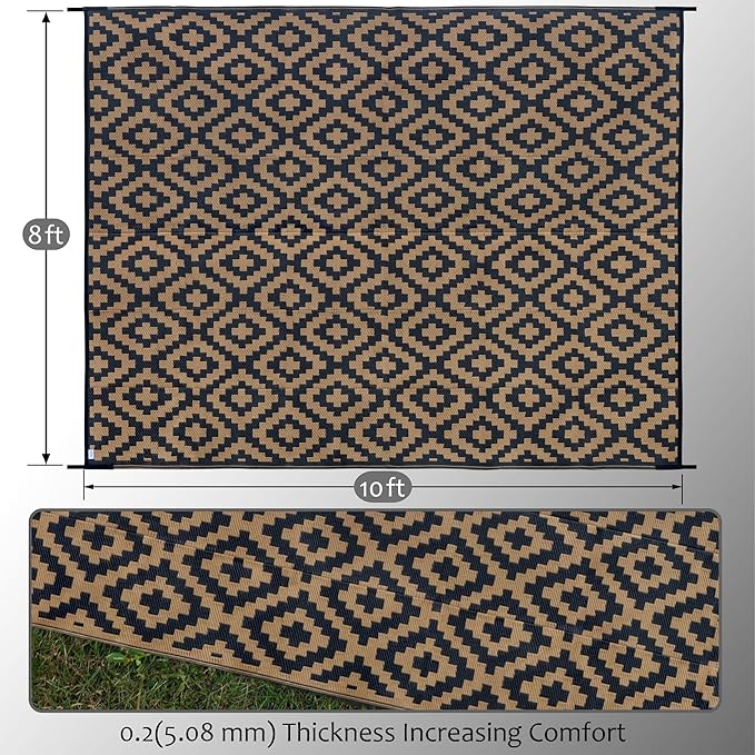 SAND MINE Reversible Mats, Plastic Straw Rug, Modern Area Rug, Large Floor Mat and Rug for Outdoors, RV, Patio, Backyard, Deck, Picnic, Beach, Trailer, Camping, Black & Brown, 8' x 10'