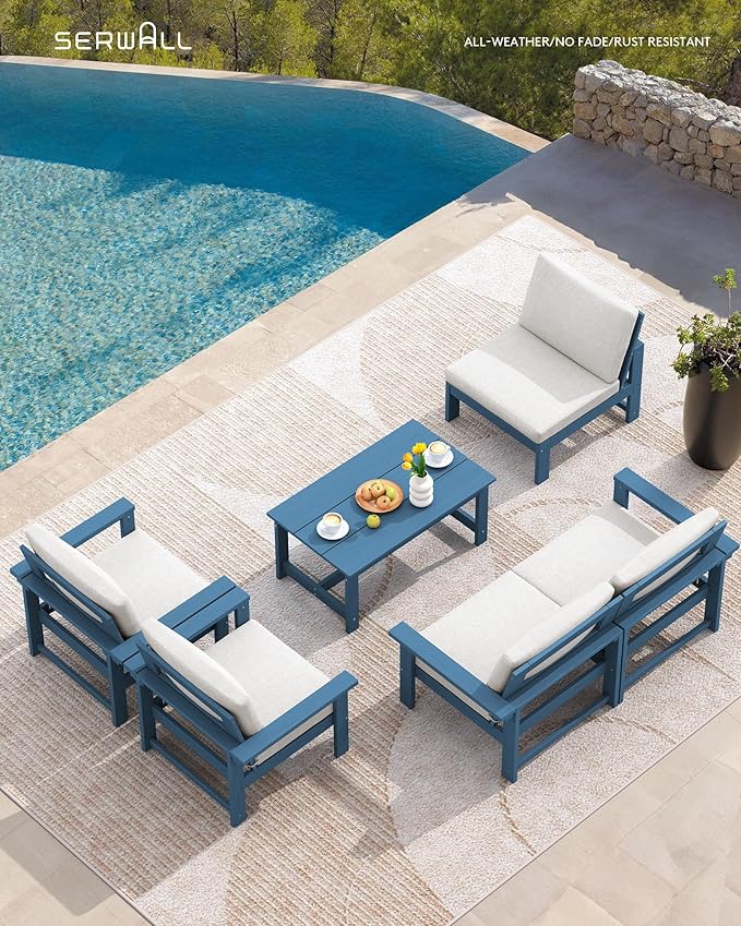 SERWALL HDPE Patio Conversation Set, 6-piece Sectional Outdoor Furniture Set, All Weather Outdoor Couch Set Patio Furniture Set for Deck, Lawn, Blue Frame with Beige Cushion