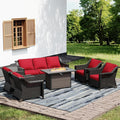 Joyside Wicker Patio Furniture Sets, 6 Pieces Upgraded Large Size Outdoor Furniture with 4 Swivel Rocking Patio Chairs, 3-Seat Sofa, Fire Table,Thick Cushions, Wide Armrest, Red