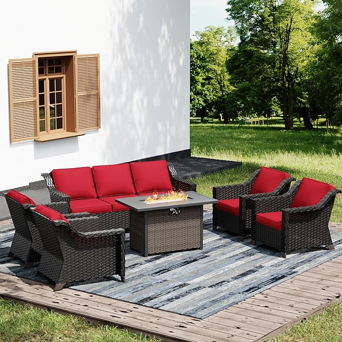 Joyside Wicker Patio Furniture Sets, 6 Pieces Upgraded Large Size Outdoor Furniture with 4 Swivel Rocking Patio Chairs, 3-Seat Sofa, Fire Table,Thick Cushions, Wide Armrest, Red