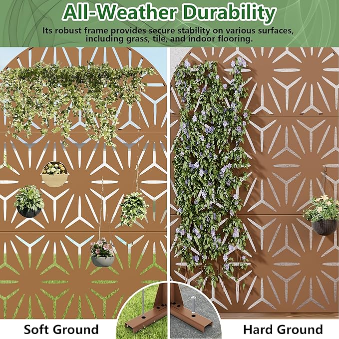 Casaphoria Metal Privacy Screen Outdoor, 72" H x 47" W Arched Freestanding Decorative Privacy Screen for Patio Deck Balcony Garden with Stable Base, Brown-Star