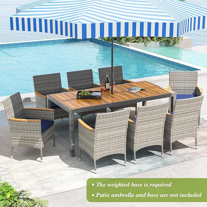 Tangkula 9 Pieces Rattan Outdoor Dining Set for 8, Outdoor Acacia Wood Table Set with 8 Cushioned Wicker Chairs, Umbrella Hole, Patio Dining Furniture Set for Deck Pool Backyard