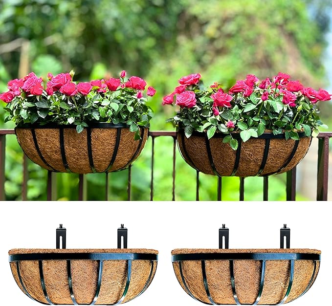 LaLaGreen Deck Railing Planter Boxes (16 Inch, 2 Pack) Black Metal Rectangular Hanging Planters with Coco Liner, Adjustable Flower Planter Box Brackets for Plants Fence Balcony Patio Porch Over Rail