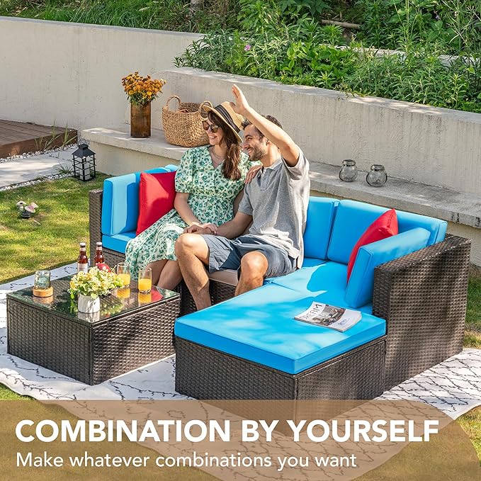 Devoko 5 Pieces Patio Furniture Sets All Weather Outdoor Sectional Patio Sofa Manual Weaving Wicker Rattan Patio Seating Sofas with Cushion and Glass Table (Blue)