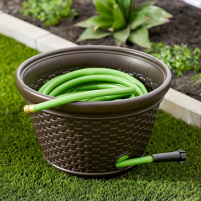 Suncast 2 Pack Decorative Wicker Garden Hose Holder Pot with 4 Drain Holes for 100 Foot Hoses, Java
