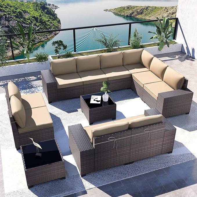Kullavik 12 Pieces Outdoor Patio Furniture Set PE Wicker Rattan Sectional Sofa Patio Conversation Sets,Sand