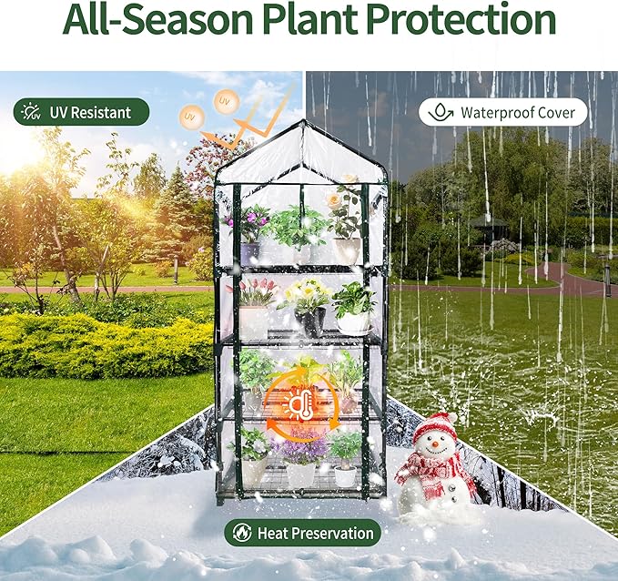 4 Tier Mini Greenhouse for Outdoor Indoor, Waterproof Heavy Duty Small Greenhouses with PVC Cover, Portable Green Houses for Outside Winter Plant Protection, 64'' H x 27'' L x 20'' W