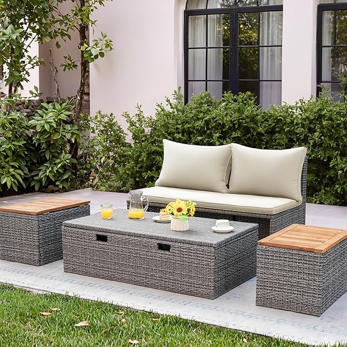 Flamaker Outdoor Rattan Daybed with 2 Side Tables, Multifunctional Wicker Patio Sofa with Storage Ottoman, Cushions, Sunbed Wicker Furniture Chaise Lounge Chair for Backyard Porch Poolside(Beige)