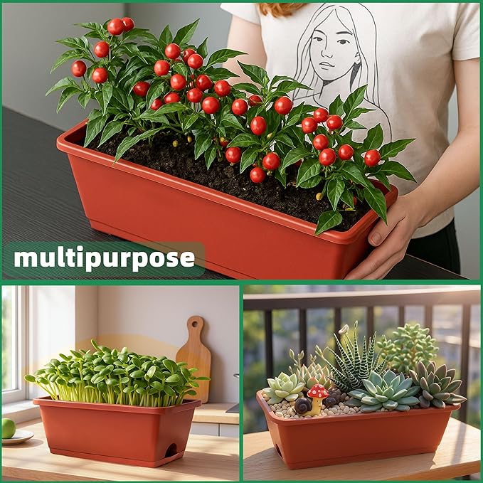 Window Box Planter, 12 Pack Plastic Vegetable Flower Planters Boxes 17 Inches Rectangular Flower Pots with Saucers for Indoor Outdoor Garden, Patio, Home Decor (Brick RED) (Brick RED)
