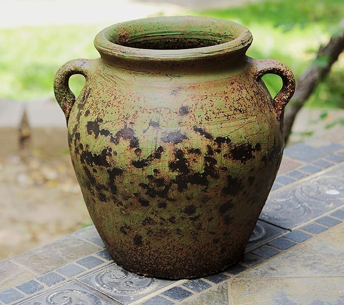 Egyptian Era Designed Earthen Ware Terra-Cotta Vessel/Planter with Looped Handles (Fat Belly Winter Green)