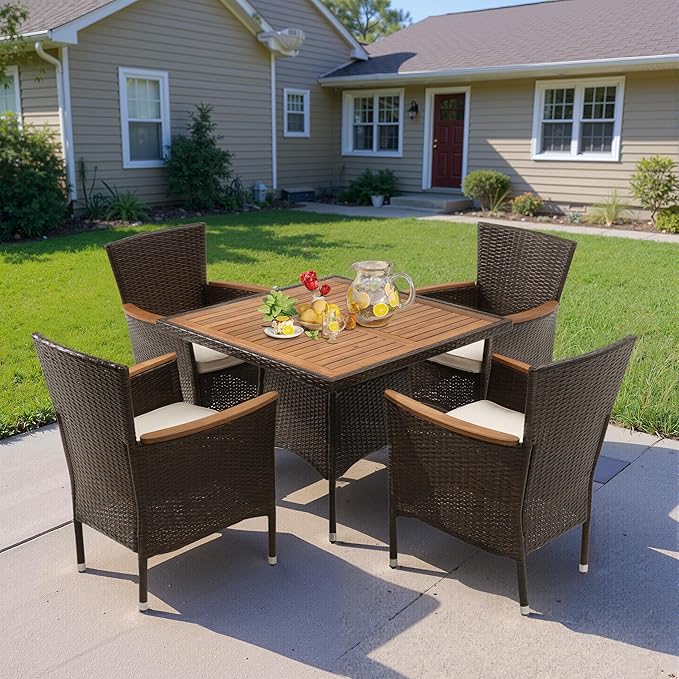 Wisteria Lane Patio Outdoor Table and Chairs Set, Rattan Outdoor Patio Furniture Set with Removable Cushions, Outdoor Patio Dining Sets with Acacia Wood Tabletop for Deck Garden Backyard, Brown